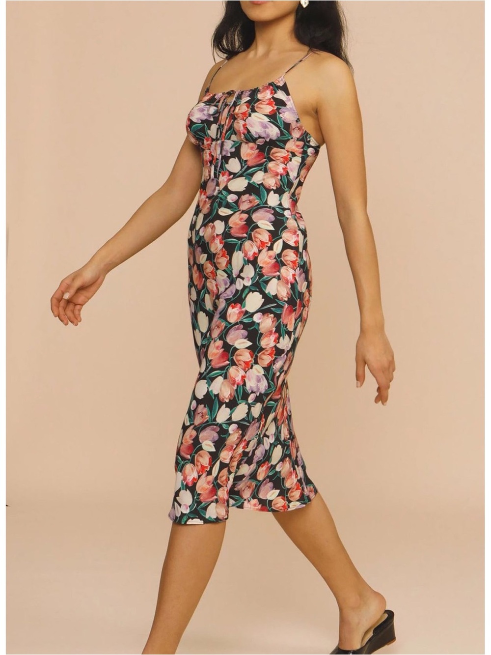 ROUJE Navy Blue Pink Purple Yellow Tulip Floral Printed Retro Daria Midi Dress